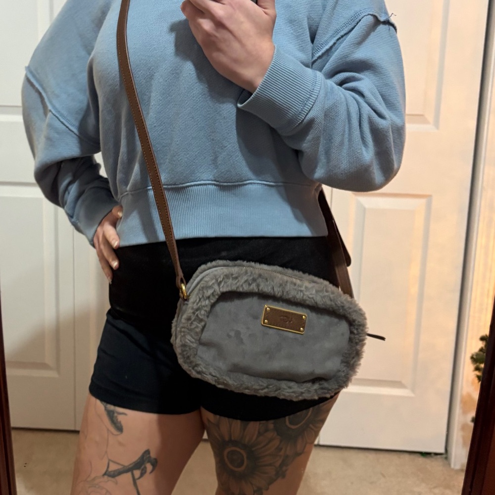 UGG Gray Shearling Fur-Trimmed Small Crossbody Bag with Wallet Card Slots - Picture 10 of 16